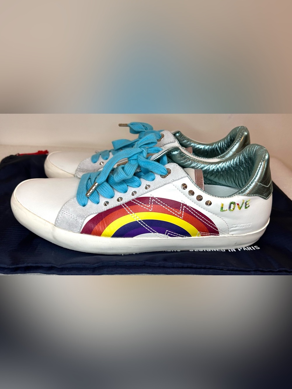 Zadig & Voltaire Rainbow Studded Love Sneakers metallic accents blue laces sz 41